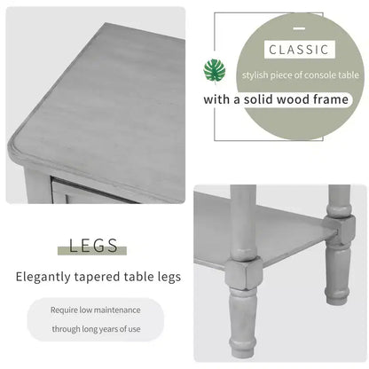 Tavolino Consolle Stretto Classico con 3 Cassetti Contenitori e Ripiano Inferiore, Legno di Pino, 23.7"L