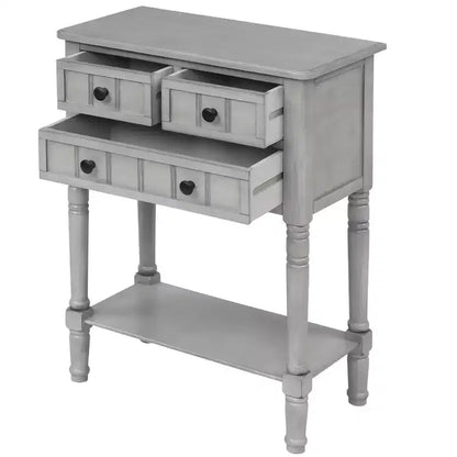 Tavolino Consolle Stretto Classico con 3 Cassetti Contenitori e Ripiano Inferiore, Legno di Pino, 23.7"L
