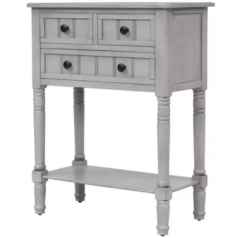 Tavolino Consolle Stretto Classico con 3 Cassetti Contenitori e Ripiano Inferiore, Legno di Pino, 23.7"L