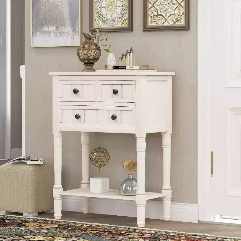 Tavolino Consolle Stretto Classico con 3 Cassetti Contenitori e Ripiano Inferiore, Legno di Pino, 23.7"L