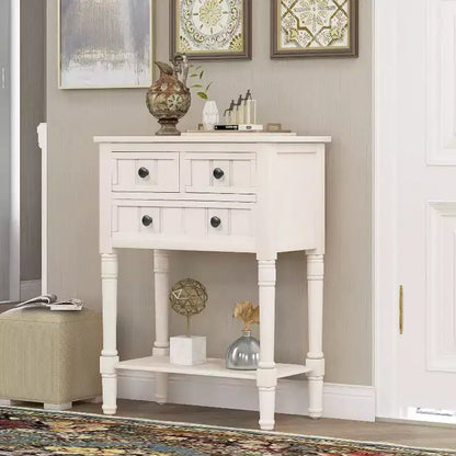 Tavolino Consolle Stretto Classico con 3 Cassetti Contenitori e Ripiano Inferiore, Legno di Pino, 23.7"L