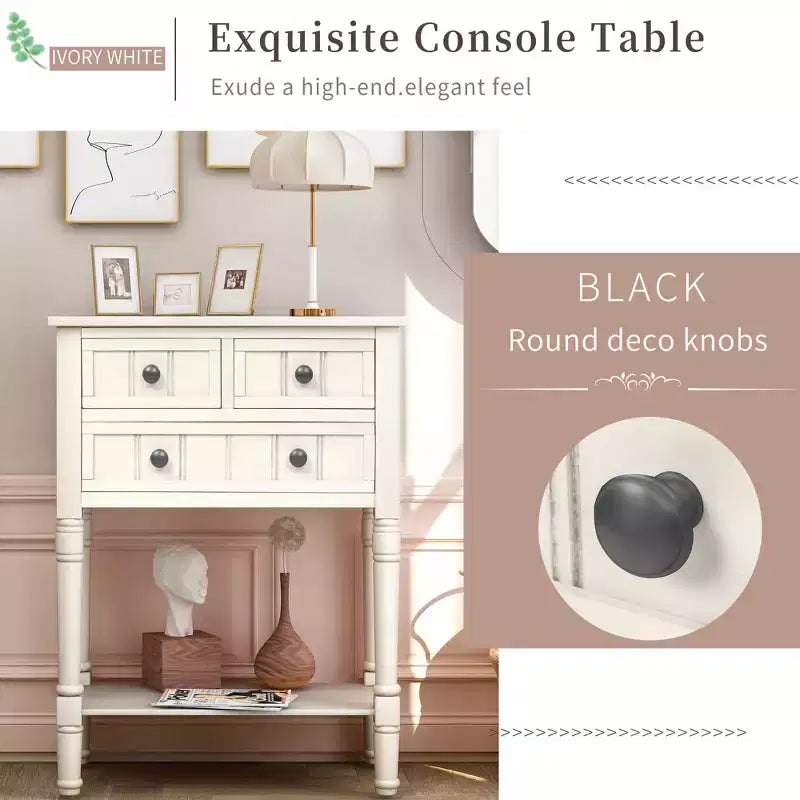 Tavolino Consolle Stretto Classico con 3 Cassetti Contenitori e Ripiano Inferiore, Legno di Pino, 23.7"L