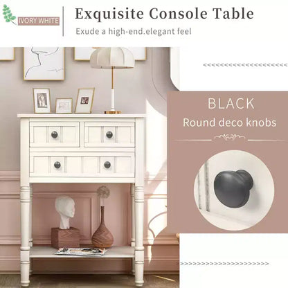 Tavolino Consolle Stretto Classico con 3 Cassetti Contenitori e Ripiano Inferiore, Legno di Pino, 23.7"L