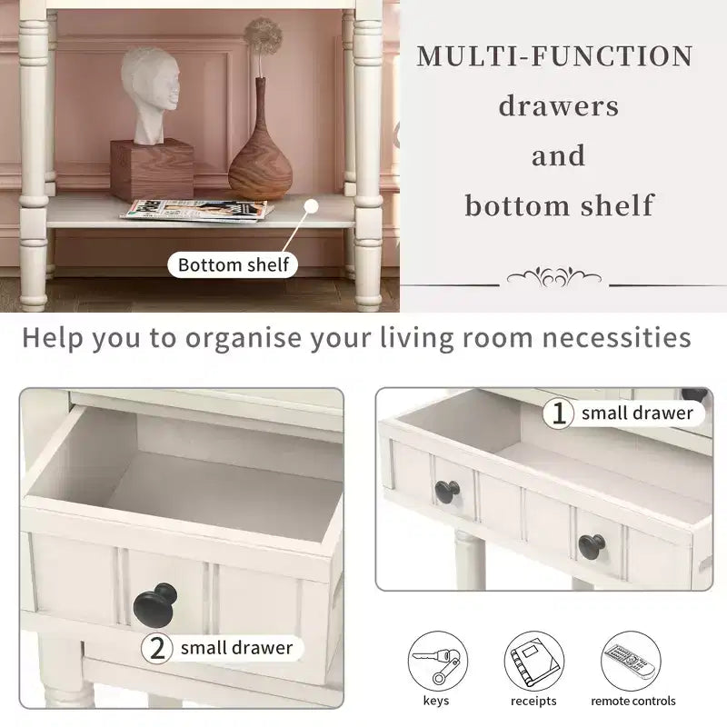 Tavolino Consolle Stretto Classico con 3 Cassetti Contenitori e Ripiano Inferiore, Legno di Pino, 23.7"L