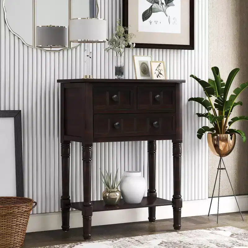 Tavolino Consolle Stretto Classico con 3 Cassetti Contenitori e Ripiano Inferiore, Legno di Pino, 23.7"L