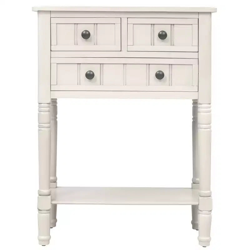 Tavolino Consolle Stretto Classico con 3 Cassetti Contenitori e Ripiano Inferiore, Legno di Pino, 23.7"L