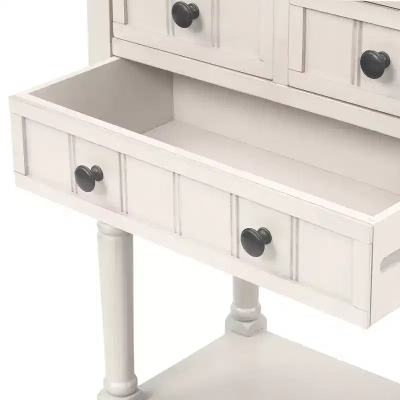 Tavolino Consolle Stretto Classico con 3 Cassetti Contenitori e Ripiano Inferiore, Legno di Pino, 23.7"L
