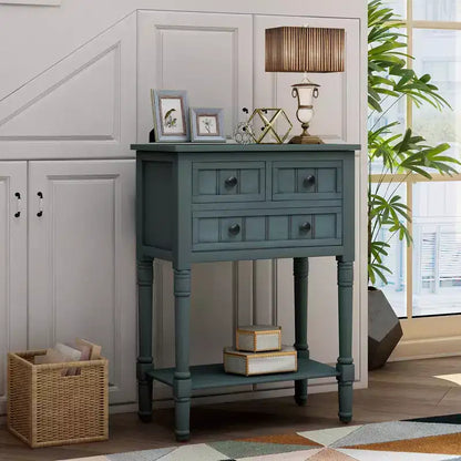 Tavolino Consolle Stretto Classico con 3 Cassetti Contenitori e Ripiano Inferiore, Legno di Pino, 23.7"L