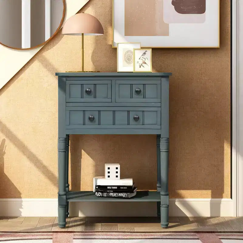 Tavolino Consolle Stretto Classico con 3 Cassetti Contenitori e Ripiano Inferiore, Legno di Pino, 23.7"L