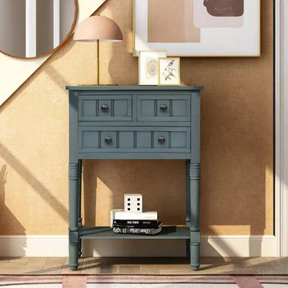 Tavolino Consolle Stretto Classico con 3 Cassetti Contenitori e Ripiano Inferiore, Legno di Pino, 23.7"L