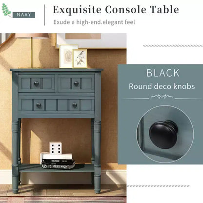 Tavolino Consolle Stretto Classico con 3 Cassetti Contenitori e Ripiano Inferiore, Legno di Pino, 23.7"L
