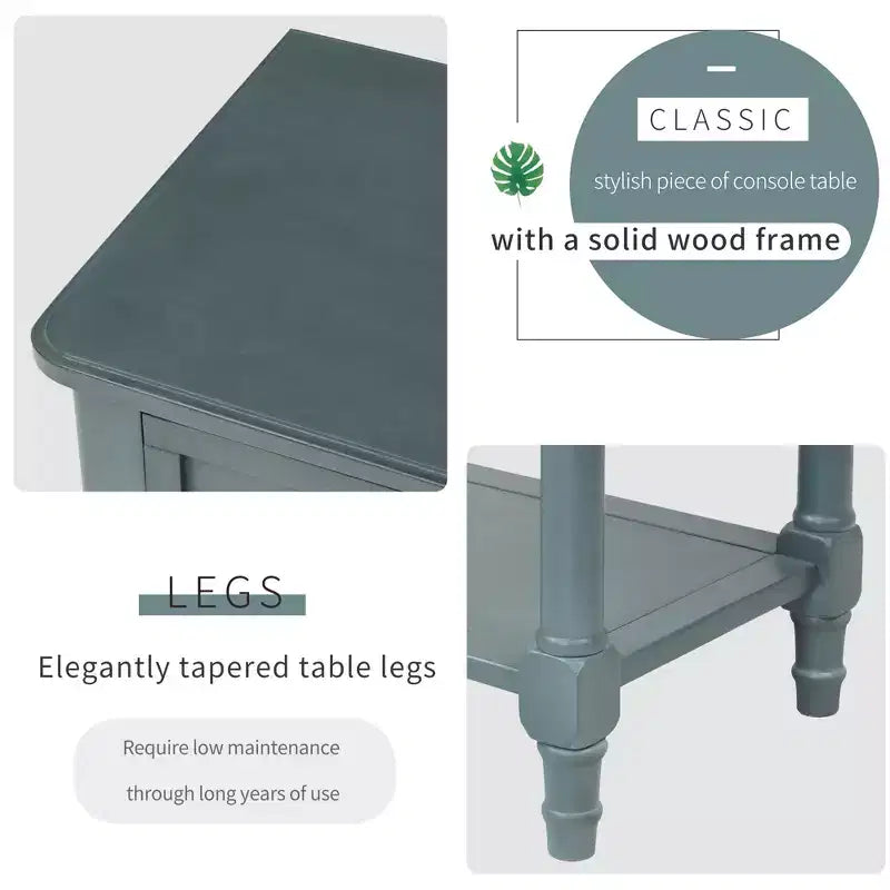 Tavolino Consolle Stretto Classico con 3 Cassetti Contenitori e Ripiano Inferiore, Legno di Pino, 23.7"L