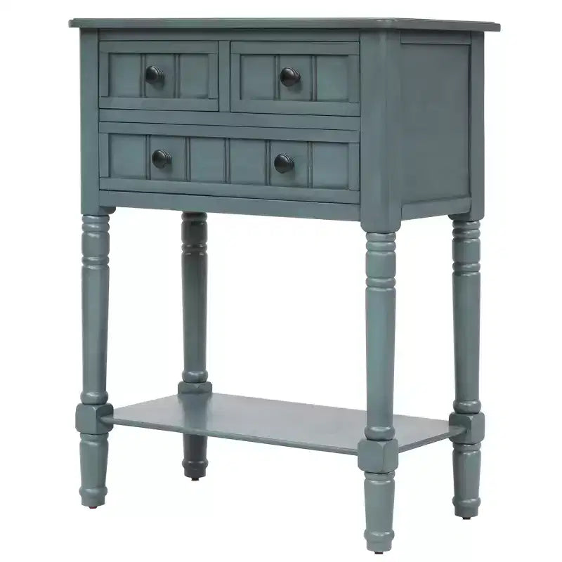 Tavolino Consolle Stretto Classico con 3 Cassetti Contenitori e Ripiano Inferiore, Legno di Pino, 23.7"L
