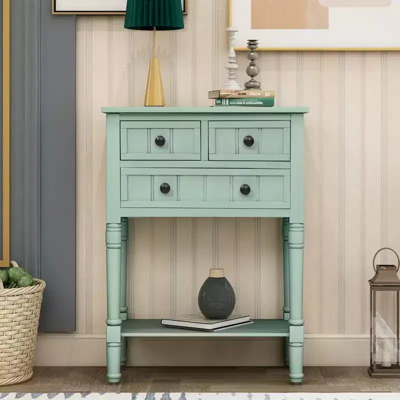 Tavolino Consolle Stretto Classico con 3 Cassetti Contenitori e Ripiano Inferiore, Legno di Pino, 23.7"L