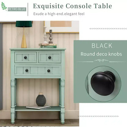 Tavolino Consolle Stretto Classico con 3 Cassetti Contenitori e Ripiano Inferiore, Legno di Pino, 23.7"L