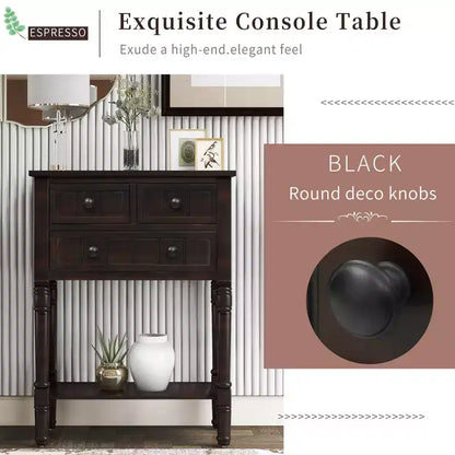 Tavolino Consolle Stretto Classico con 3 Cassetti Contenitori e Ripiano Inferiore, Legno di Pino, 23.7"L