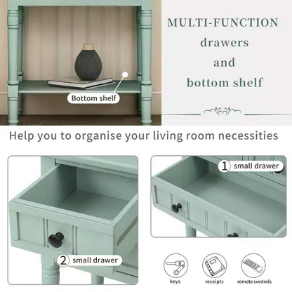 Tavolino Consolle Stretto Classico con 3 Cassetti Contenitori e Ripiano Inferiore, Legno di Pino, 23.7"L