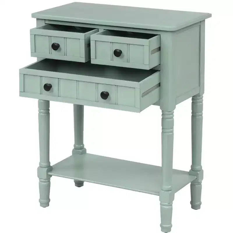 Tavolino Consolle Stretto Classico con 3 Cassetti Contenitori e Ripiano Inferiore, Legno di Pino, 23.7"L