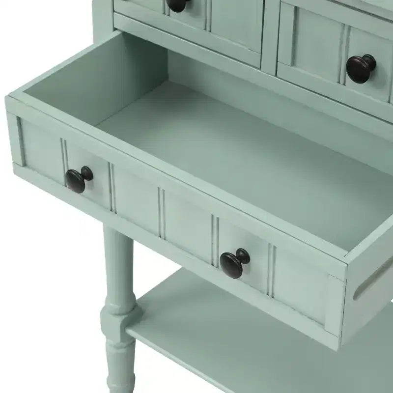 Tavolino Consolle Stretto Classico con 3 Cassetti Contenitori e Ripiano Inferiore, Legno di Pino, 23.7"L