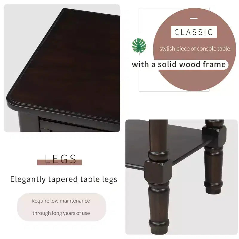Tavolino Consolle Stretto Classico con 3 Cassetti Contenitori e Ripiano Inferiore, Legno di Pino, 23.7"L