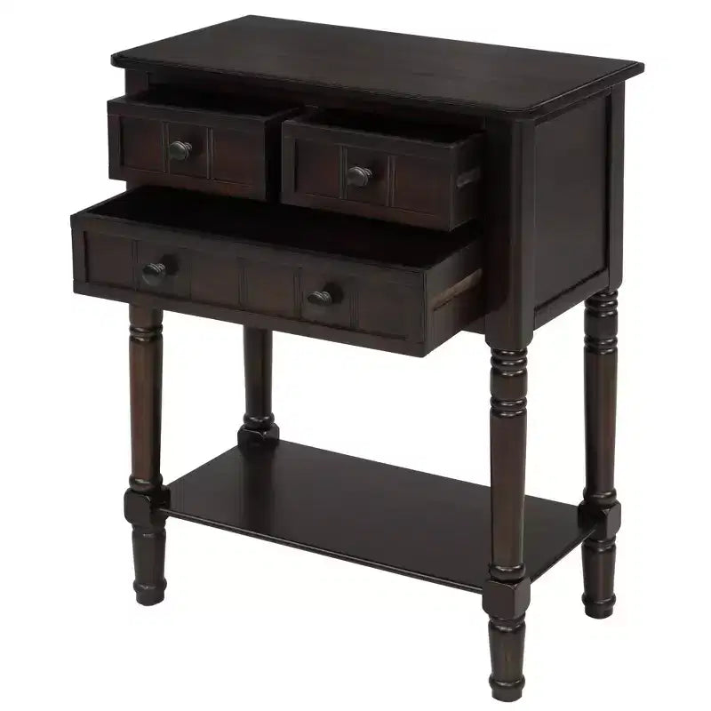 Tavolino Consolle Stretto Classico con 3 Cassetti Contenitori e Ripiano Inferiore, Legno di Pino, 23.7"L