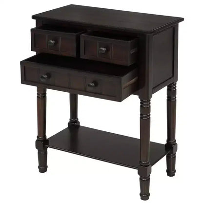 Tavolino Consolle Stretto Classico con 3 Cassetti Contenitori e Ripiano Inferiore, Legno di Pino, 23.7"L