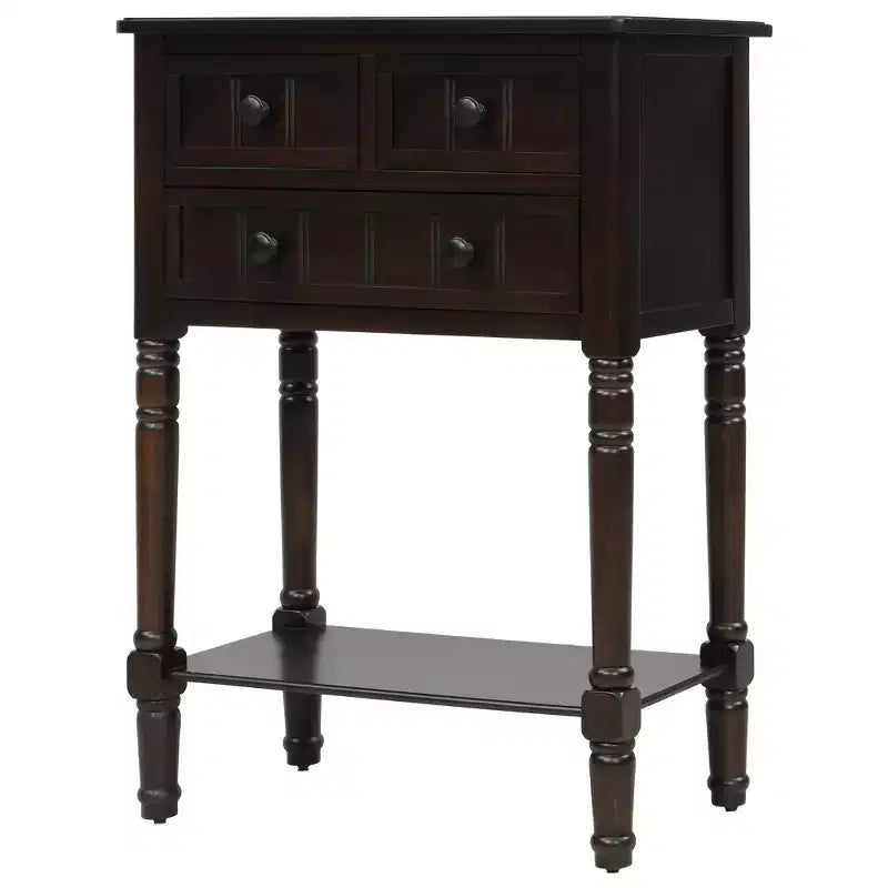Tavolino Consolle Stretto Classico con 3 Cassetti Contenitori e Ripiano Inferiore, Legno di Pino, 23.7"L