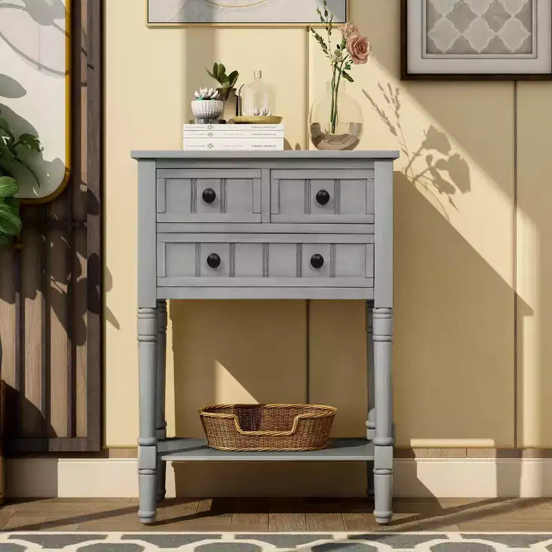 Tavolino Consolle Stretto Classico con 3 Cassetti Contenitori e Ripiano Inferiore, Legno di Pino, 23.7"L