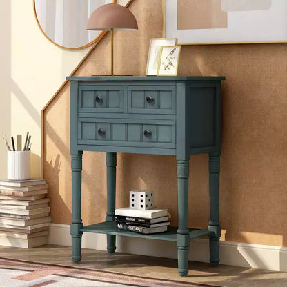 Tavolino Consolle Stretto Classico con 3 Cassetti Contenitori e Ripiano Inferiore, Legno di Pino, 23.7"L