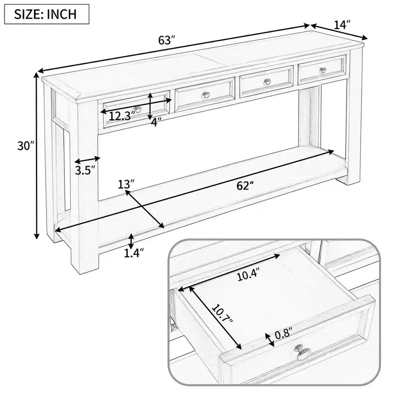 Rectangle Wood Console Table with 4 Storage Drawers and Bottom Shelf, 63"W