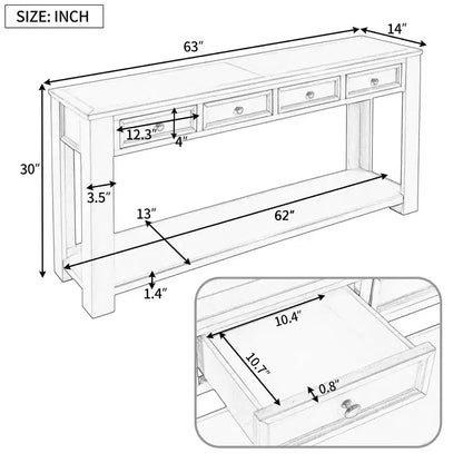 Rectangle Wood Console Table with 4 Storage Drawers and Bottom Shelf, 63"W