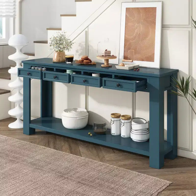 Rectangle Wood Console Table with 4 Storage Drawers and Bottom Shelf, 63"W
