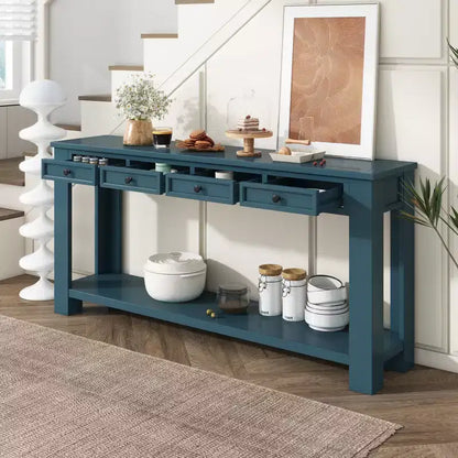 Rectangle Wood Console Table with 4 Storage Drawers and Bottom Shelf, 63"W
