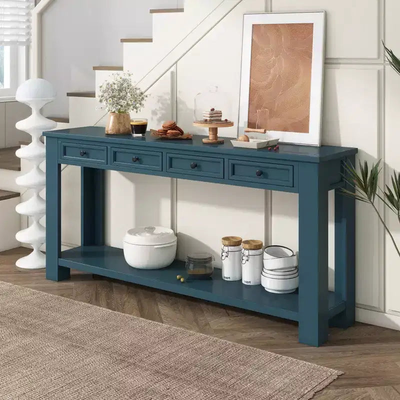 Rectangle Wood Console Table with 4 Storage Drawers and Bottom Shelf, 63"W