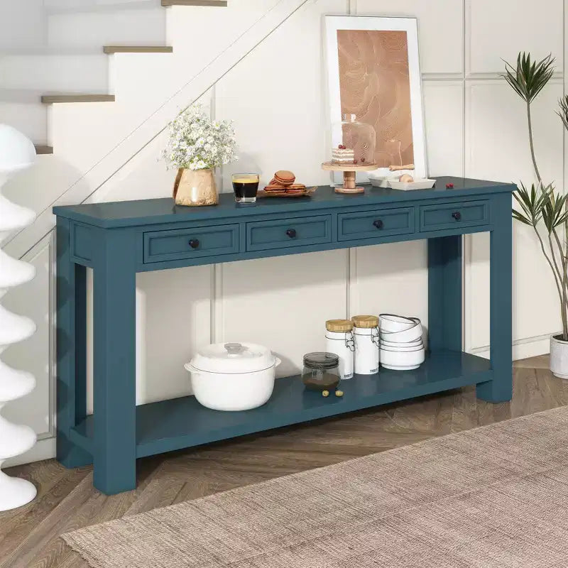 Rectangle Wood Console Table with 4 Storage Drawers and Bottom Shelf, 63"W