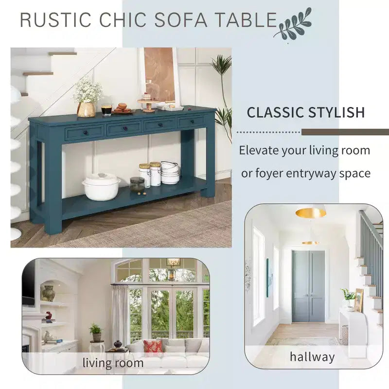 Rectangle Wood Console Table with 4 Storage Drawers and Bottom Shelf, 63"W