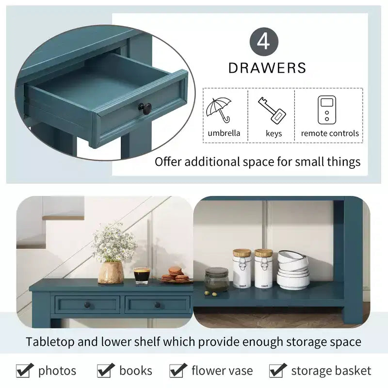 Rectangle Wood Console Table with 4 Storage Drawers and Bottom Shelf, 63"W