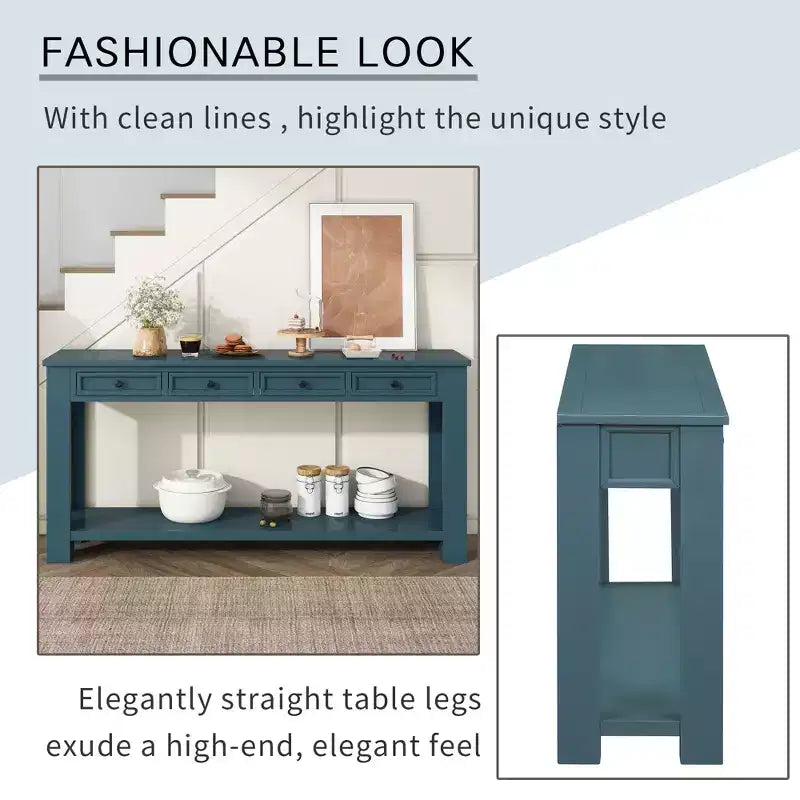 Rectangle Wood Console Table with 4 Storage Drawers and Bottom Shelf, 63"W