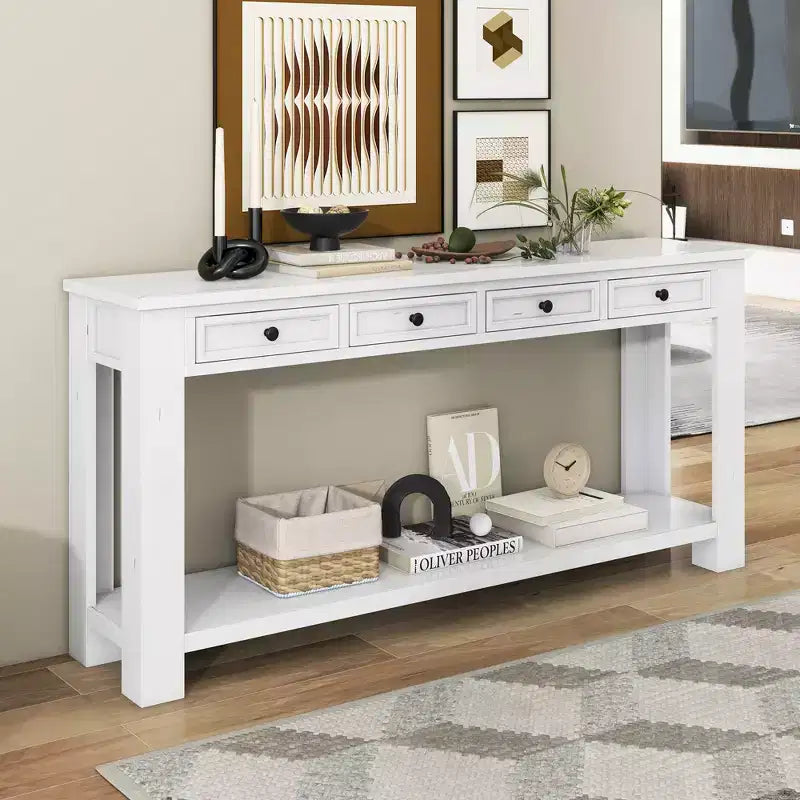 Rectangle Wood Console Table with 4 Storage Drawers and Bottom Shelf, 63"W
