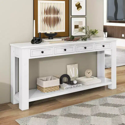 Rectangle Wood Console Table with 4 Storage Drawers and Bottom Shelf, 63"W