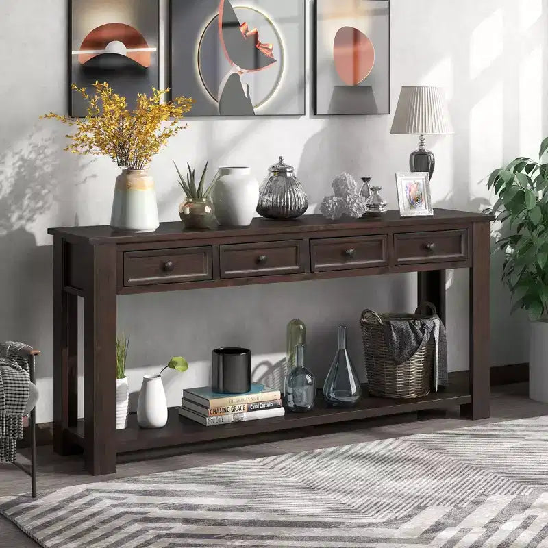 Rectangle Wood Console Table with 4 Storage Drawers and Bottom Shelf, 63"W