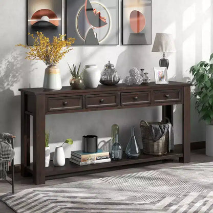 Rectangle Wood Console Table with 4 Storage Drawers and Bottom Shelf, 63"W