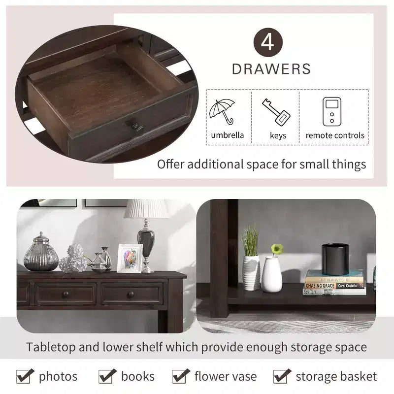 Rectangle Wood Console Table with 4 Storage Drawers and Bottom Shelf, 63"W