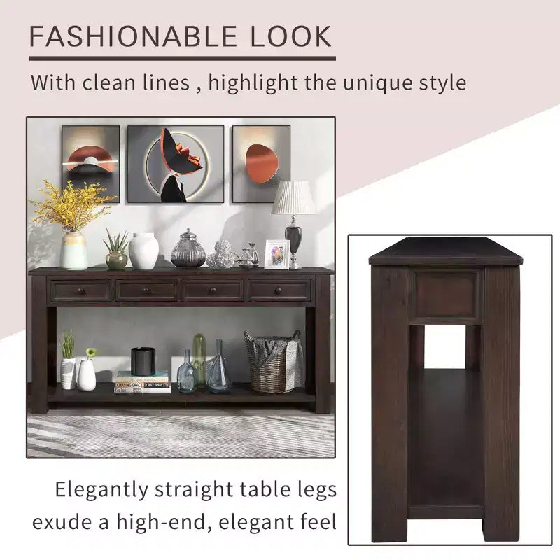 Rectangle Wood Console Table with 4 Storage Drawers and Bottom Shelf, 63"W
