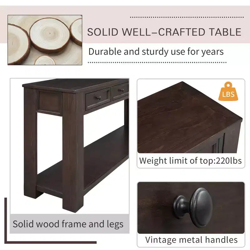 Rectangle Wood Console Table with 4 Storage Drawers and Bottom Shelf, 63"W