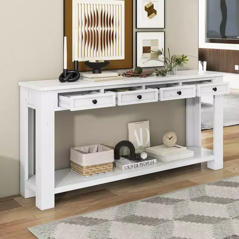 Rectangle Wood Console Table with 4 Storage Drawers and Bottom Shelf, 63"W