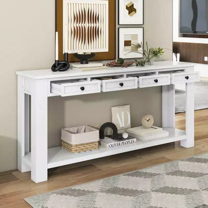 Rectangle Wood Console Table with 4 Storage Drawers and Bottom Shelf, 63"W