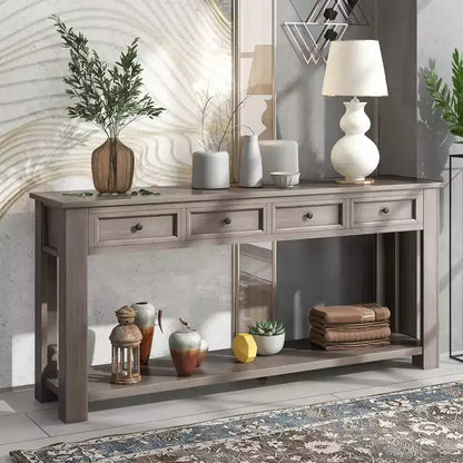 Rectangle Wood Console Table with 4 Storage Drawers and Bottom Shelf, 63"W