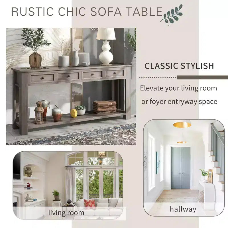 Rectangle Wood Console Table with 4 Storage Drawers and Bottom Shelf, 63"W