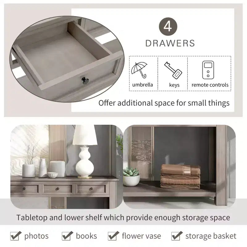 Rectangle Wood Console Table with 4 Storage Drawers and Bottom Shelf, 63"W